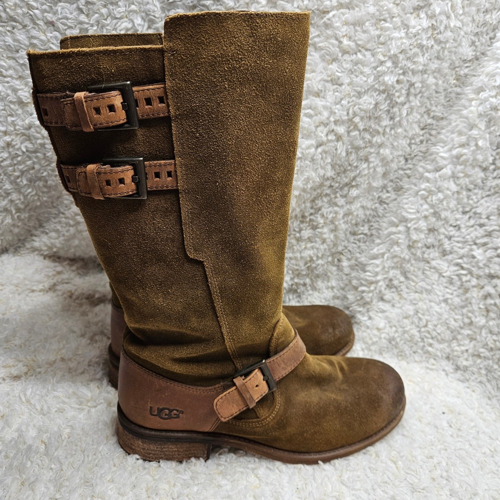 Ugg Everglayde Brown Suede Harness Moto Boots sz 9.5
